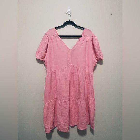 Gap pink crinkle gauze puff sleeve tiered mini dress - Picture 1 of 8